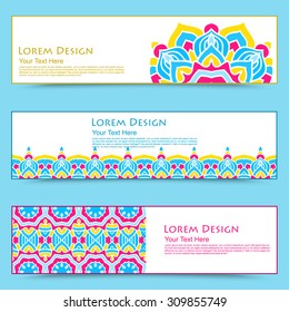 multicolored set of horizontal banners templates with hand drawn tribal ornament, mandala. Vector illustration