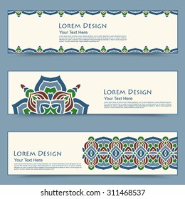 multicolored set of horizontal banners templates with hand drawn tribal ornament, mandala. Vector illustration