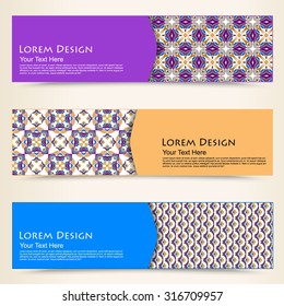 multicolored set of horizontal banners templates with tribal pattern, mandala. Vector illustration
