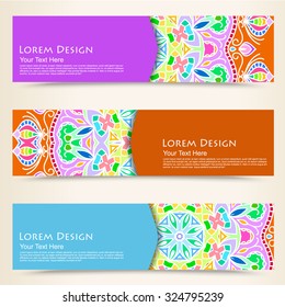 multicolored set of horizontal banners templates with tribal pattern. Vector illustration