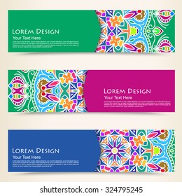 multicolored set of horizontal banners templates with tribal pattern. Vector illustration
