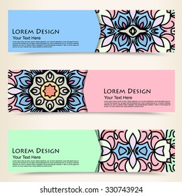 multicolored set of horizontal banners templates with tribal pattern. Vector illustration