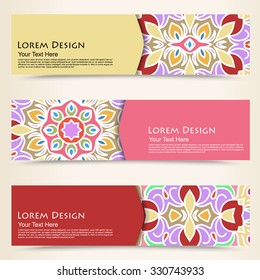 multicolored set of horizontal banners templates with tribal pattern. Vector illustration