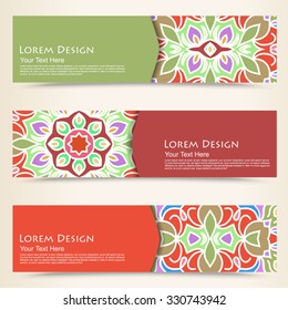 multicolored set of horizontal banners templates with tribal pattern. Vector illustration