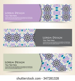 multicolored set of horizontal banners templates with tribal pattern, mandala. Vector illustration