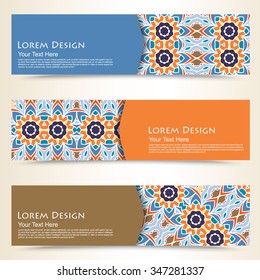 multicolored set of horizontal banners templates with tribal pattern, mandala. Vector illustration