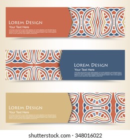 multicolored set of horizontal banners templates with tribal pattern, mandala. Vector illustration