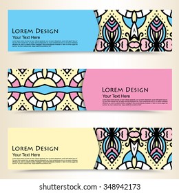 multicolored set of horizontal banners templates with tribal pattern, mandala. Vector illustration