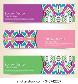 multicolored set of horizontal banners templates with tribal pattern, mandala. Vector illustration