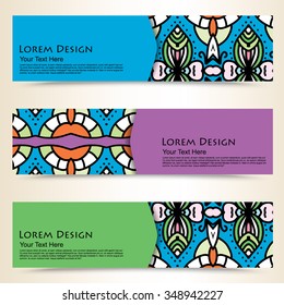 multicolored set of horizontal banners templates with tribal pattern, mandala. Vector illustration