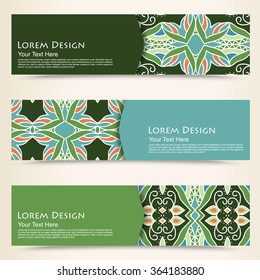 multicolored set of horizontal banners templates with tribal pattern, mandala. Vector illustration
