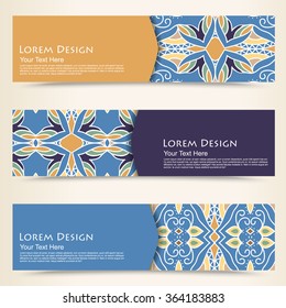 multicolored set of horizontal banners templates with tribal pattern, mandala. Vector illustration