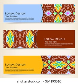 multicolored set of horizontal banners templates with tribal pattern, mandala. Vector illustration