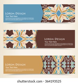 multicolored set of horizontal banners templates with tribal pattern, mandala. Vector illustration