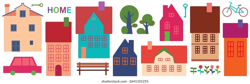 Multicolored set with houses of different shapes with a brown bench, a pink car, flowers, keys, trees, a blue bicycle and an inscription HOME