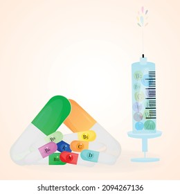 Multi-colored set of liquid minerals in a syringe and vitamins in capsules. The concept of medicine and healthcare. Vector flat illustration maintaining immunity in good shape