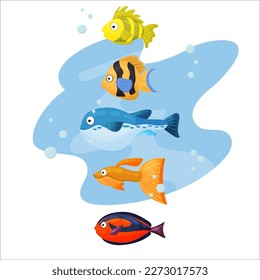 multicolored set of marine and ocean animals and fish under water 