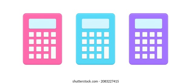 Mehrfarbige Set moderne Rechner mit Schaltflächen und Anzeige für schnelle Zählzahlen 3D-Icon-Vorlage Vektorgrafik. Elektronisches Gerät zur Berechnung der Finanzrechnung für die mathematische Berechnung einzeln