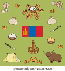 multicolored set on green background describing traditions, food and way of life of Mongolian folk. Flag,  manti, khinkali, kumis, yurta, grunting ox, vegetables,  sour milk products