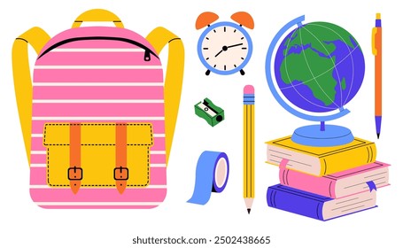 Multicolored set of school accessories and stationery. Vector illustration for educational designs and back to school themes