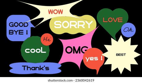 Multicolored set of speech bubbles. Various forms of windows, clouds for chat, messages with phrases. Vector elements for text on a black background