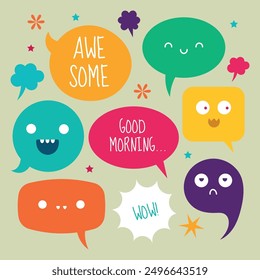 Multicolored set of speech bubbles. Various forms of windows, clouds for chat, messages with phrases. Vector elements for text on a colorful background