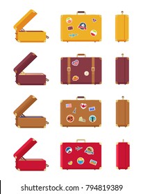 Multicolored set of suitcases vector illustration with red, yellow lilac and brown bags, opened and closed cases, many stickers isolated on white