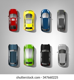 multicolored set of top view car abstract silhouettes. Editable illustration. Automotive collection useful for creating icons, signs, pictograms, logotypes, road grid system schemes and much more.