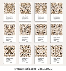 multicolored set of twelve business card templates with hand drawn tribal ornament, for greeting, invitation card, or cover. Vector illustration