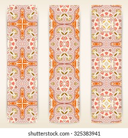 multicolored set of vertical banner templates with hand drawn tribal ornament, mandala. Vector illustration
