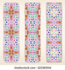 multicolored set of vertical banner templates with hand drawn tribal ornament, mandala. Vector illustration