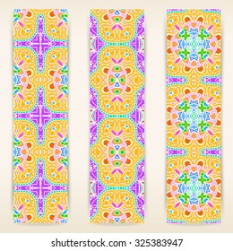 multicolored set of vertical banner templates with hand drawn tribal ornament, mandala. Vector illustration