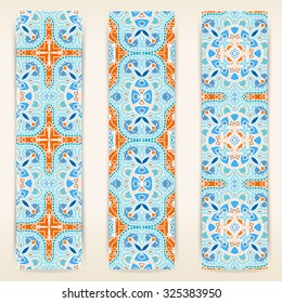 multicolored set of vertical banner templates with hand drawn tribal ornament, mandala. Vector illustration