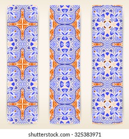 multicolored set of vertical banner templates with hand drawn tribal ornament, mandala. Vector illustration