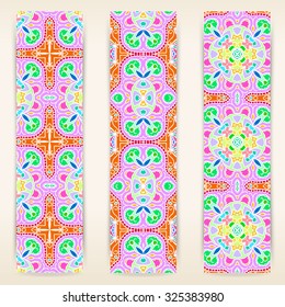 multicolored set of vertical banner templates with hand drawn tribal ornament, mandala. Vector illustration