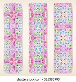 multicolored set of vertical banner templates with hand drawn tribal ornament, mandala. Vector illustration