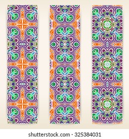 multicolored set of vertical banner templates with hand drawn tribal ornament, mandala. Vector illustration