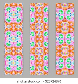 multicolored set of vertical banner templates with hand drawn tribal ornament, mandala. Vector illustration