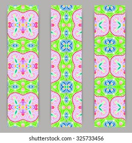 multicolored set of vertical banner templates with hand drawn tribal ornament, mandala. Vector illustration