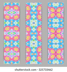 multicolored set of vertical banner templates with hand drawn tribal ornament, mandala. Vector illustration