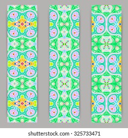 multicolored set of vertical banner templates with hand drawn tribal ornament, mandala. Vector illustration