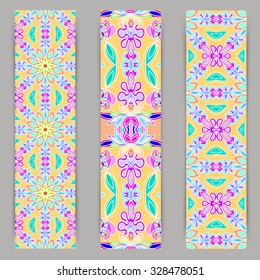 multicolored set of vertical banner templates with hand drawn tribal ornament, mandala. Vector illustration
