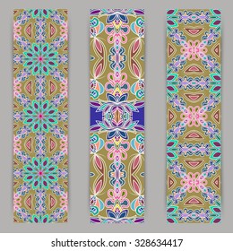 multicolored set of vertical banner templates with hand drawn tribal ornament, mandala. Vector illustration