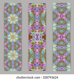 multicolored set of vertical banner templates with hand drawn tribal ornament, mandala. Vector illustration