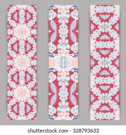 multicolored set of vertical banner templates with hand drawn tribal ornament, mandala. Vector illustration