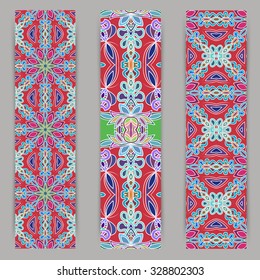 multicolored set of vertical banner templates with hand drawn tribal ornament, mandala. Vector illustration