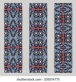 multicolored set of vertical banner templates with hand drawn tribal ornament, mandala. Vector illustration