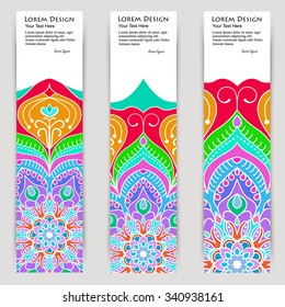 multicolored set of vertical banner templates with hand drawn tribal ornament, mandala. Vector illustration