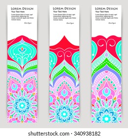 multicolored set of vertical banner templates with hand drawn tribal ornament, mandala. Vector illustration