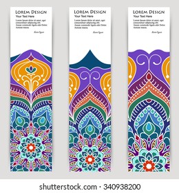 multicolored set of vertical banner templates with hand drawn tribal ornament, mandala. Vector illustration